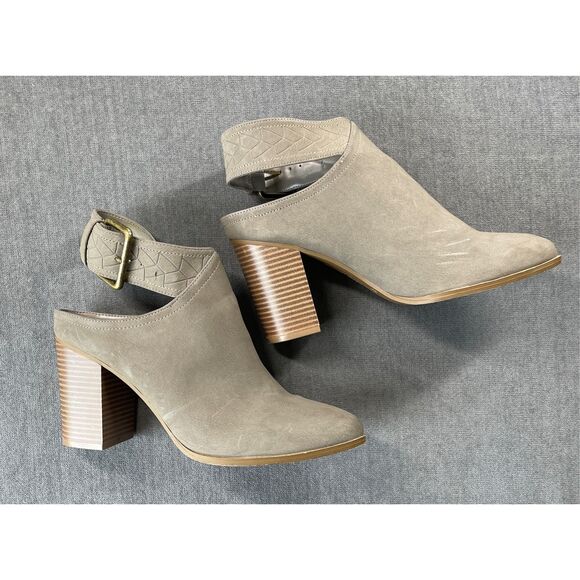 American Eagle Block Heel Mules Womens 9.5 Taupe‎ Suede Cutout Ankle Strap Boho - Picture 1 of 10